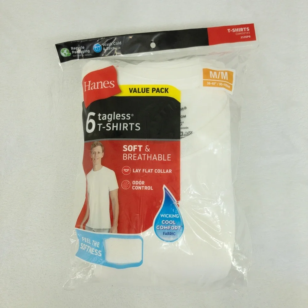 Hanes Tagless T-Shirt Mens Medium White 6-Pack Cotton Crewneck Undershirts Value